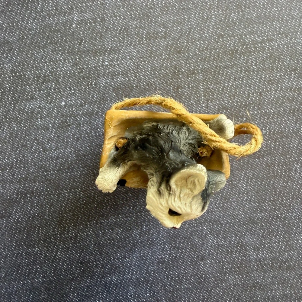 Vintage Resin Kitten in Paper Bag Figurine Ornament White Grey Cat Marked